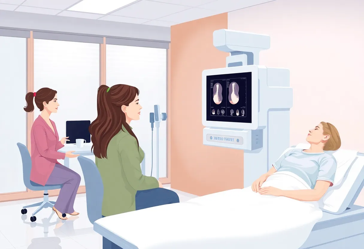 Women receiving SoftVue breast cancer screening in a modern clinic