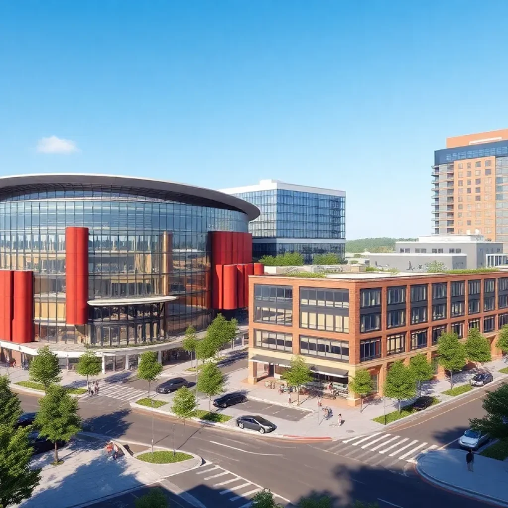 Conceptual design of Spartan Gateway District featuring arena and buildings