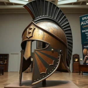 Giant Spartan helmet displayed during the auction at Michigan State University.
