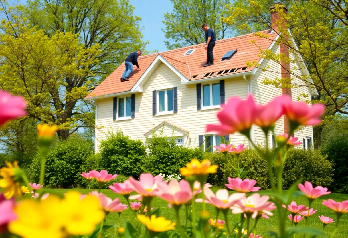 Scene of spring home renovation with blooming flowers and roof check.