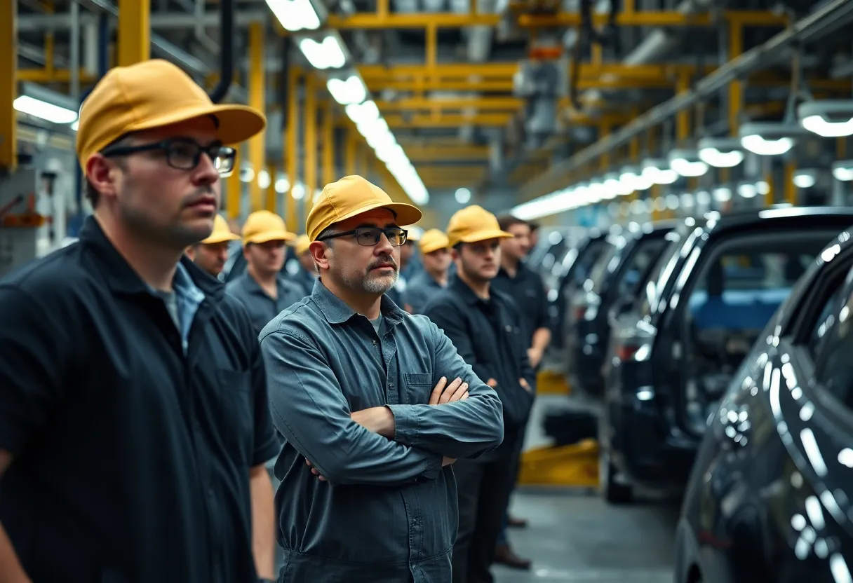 Workers at Stellantis assembly line showing concern over layoffs