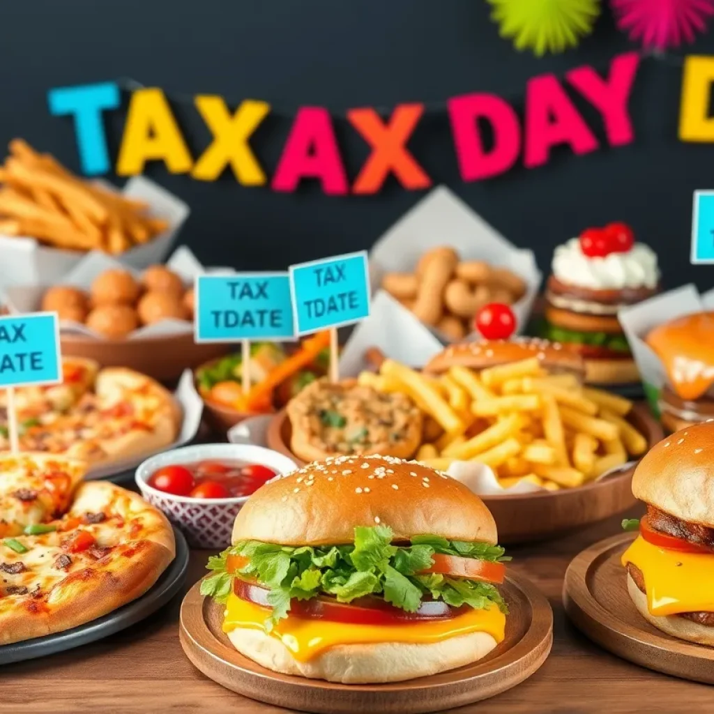 A display of food items from Michigan restaurants celebrating Tax Day deals.