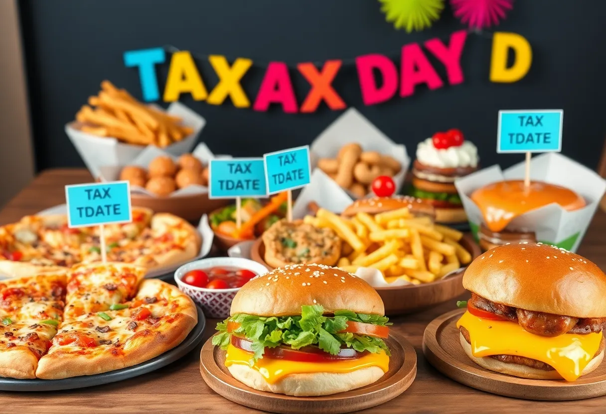 A display of food items from Michigan restaurants celebrating Tax Day deals.