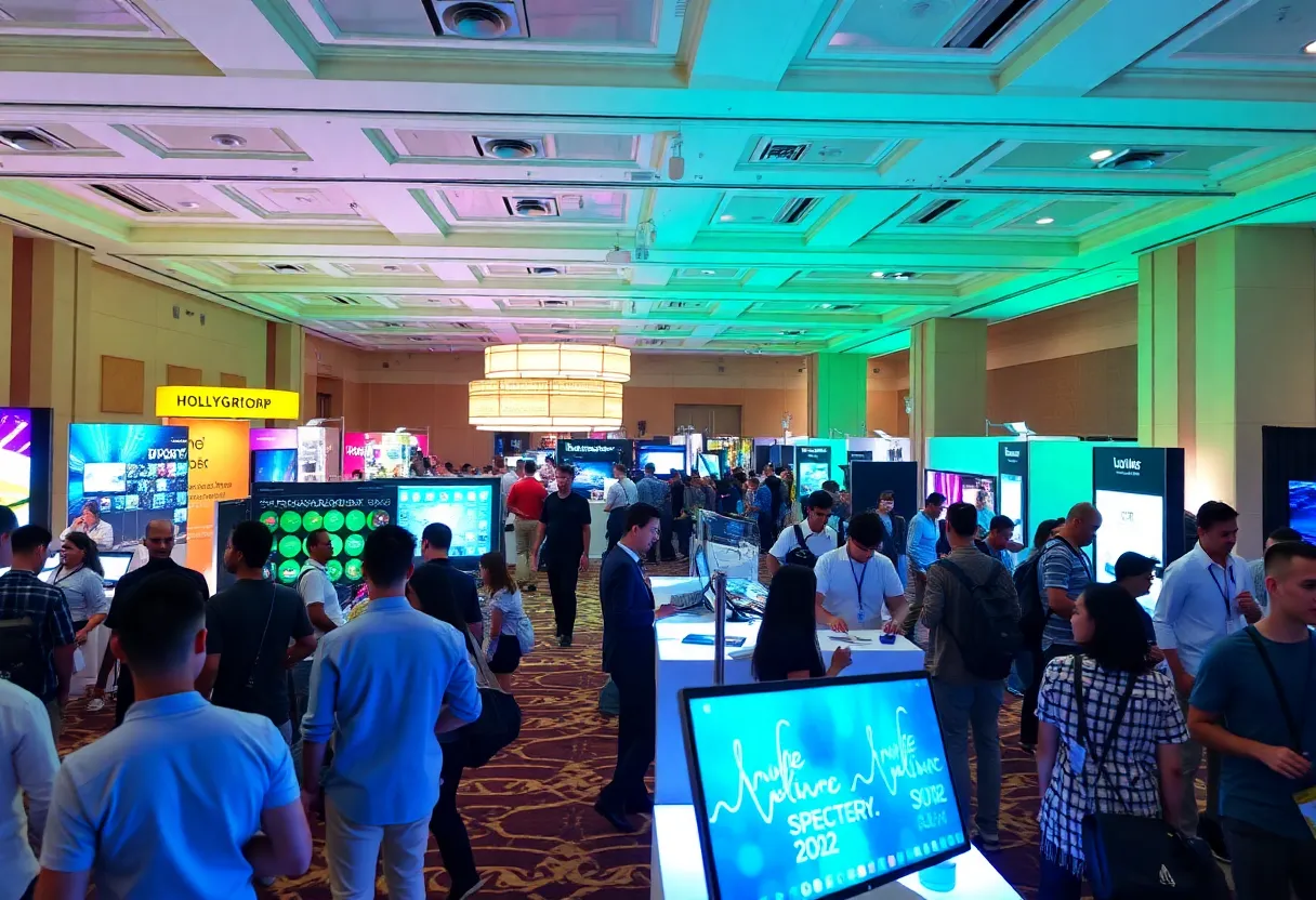 Attendees engaging at TECHSPO Los Angeles 2025 featuring innovative technology displays.