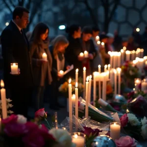 Community members gather for a vigil with candles in memory of a child lost in a tragic accident.