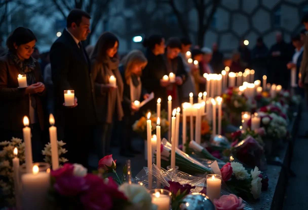 Community members gather for a vigil with candles in memory of a child lost in a tragic accident.