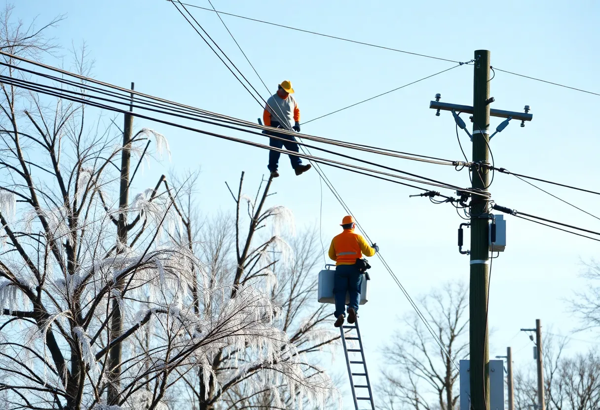 Utility workers repairing power lines in Presque Isle County after an ice storm