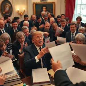 Gretchen Whitmer hiding behind binders during a presidential event