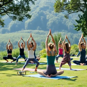 Individuals practicing yoga and meditation outdoors in a natural setting.