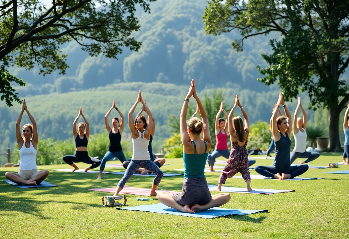 Individuals practicing yoga and meditation outdoors in a natural setting.