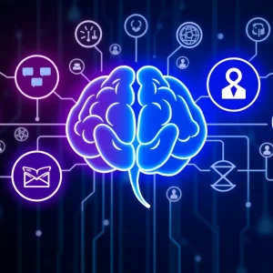 Brainwaves interacting with digital marketing icons and symbols.