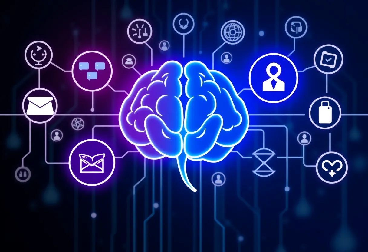 Brainwaves interacting with digital marketing icons and symbols.
