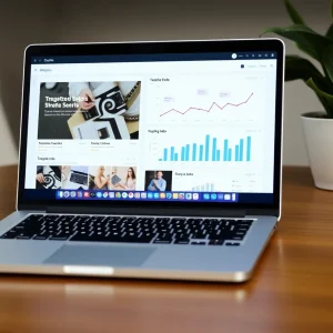 Laptop screen displaying targeted ads with analytics graphs.