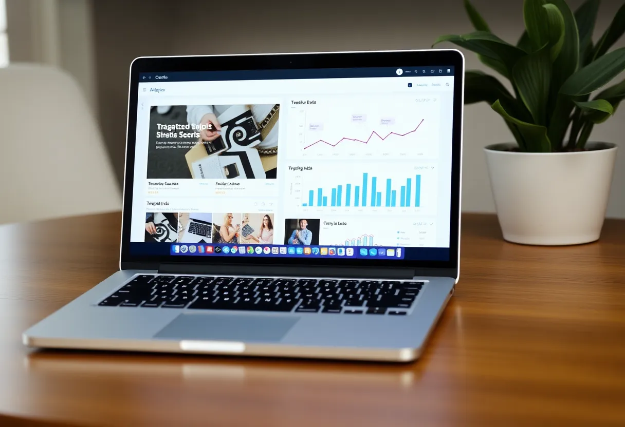 Laptop screen displaying targeted ads with analytics graphs.