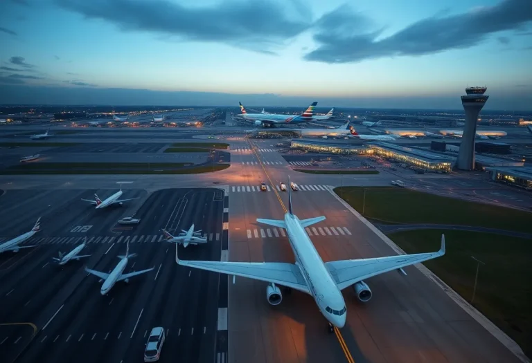 Aerial view of airport with planes and control tower