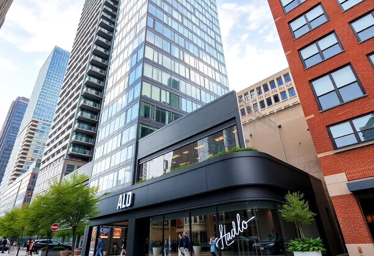 Exterior view of Alo retail store at Hudson's Tower Detroit