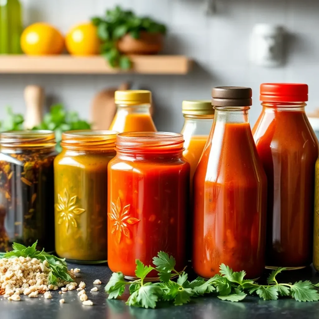 A selection of Asian-inspired sauces on a kitchen counter.