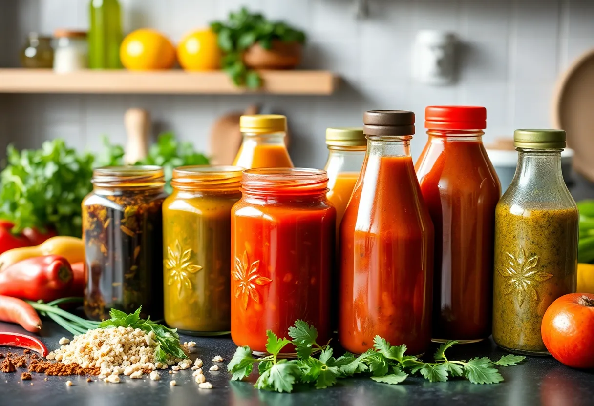 A selection of Asian-inspired sauces on a kitchen counter.