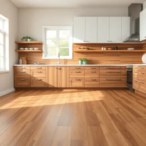 Different types of kitchen flooring including hardwood, laminate, vinyl, tile, cork, bamboo, and rubber.