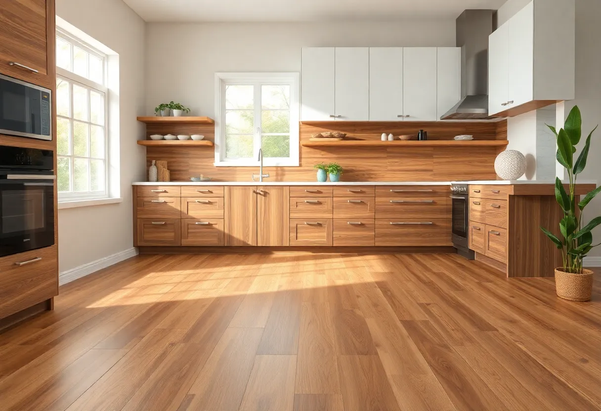 Different types of kitchen flooring including hardwood, laminate, vinyl, tile, cork, bamboo, and rubber.