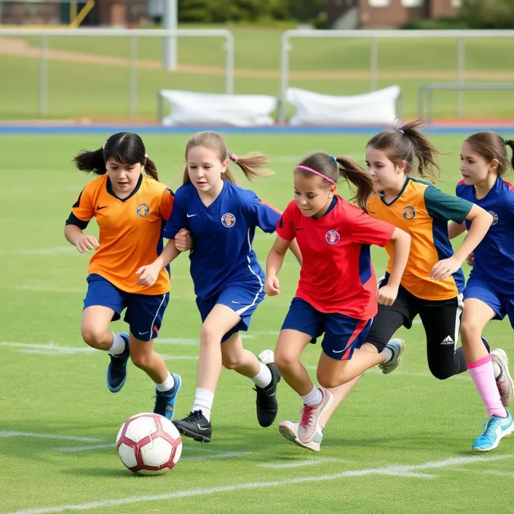 Girls flag football players in action during a game, displaying teamwork and competition.