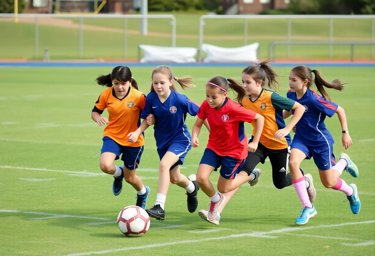 Girls flag football players in action during a game, displaying teamwork and competition.