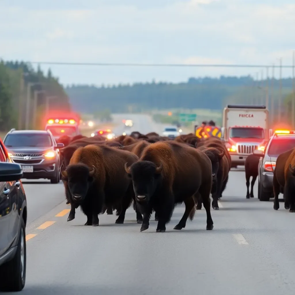 Herd of bison blocking U.S. 31 traffic near McRae Hill Road