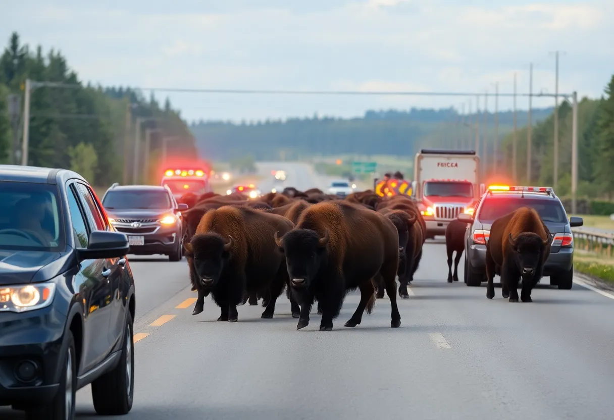 Herd of bison blocking U.S. 31 traffic near McRae Hill Road