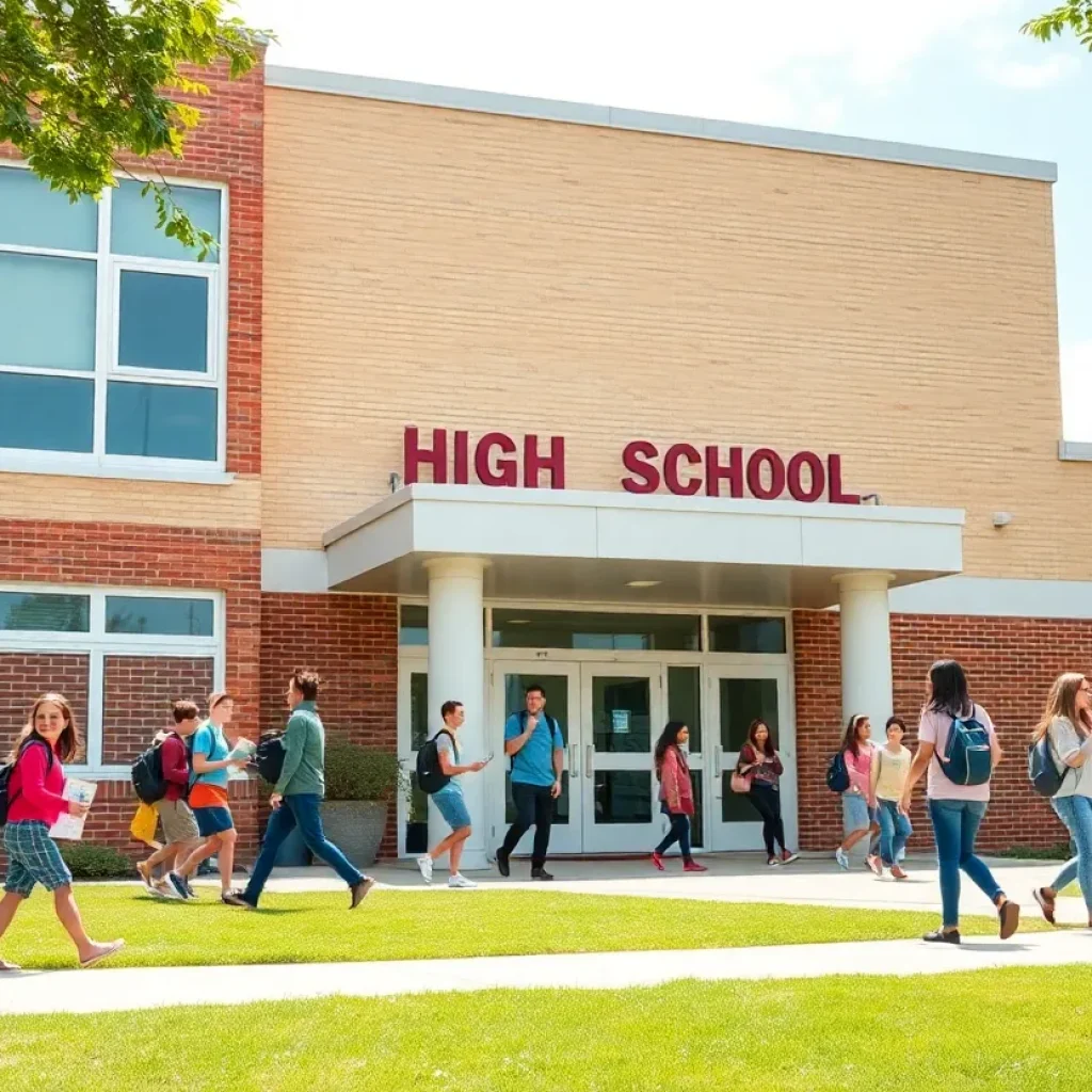 Exterior view of Brighton High School with students