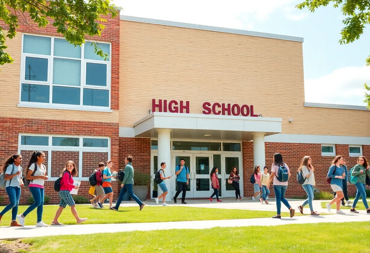 Exterior view of Brighton High School with students