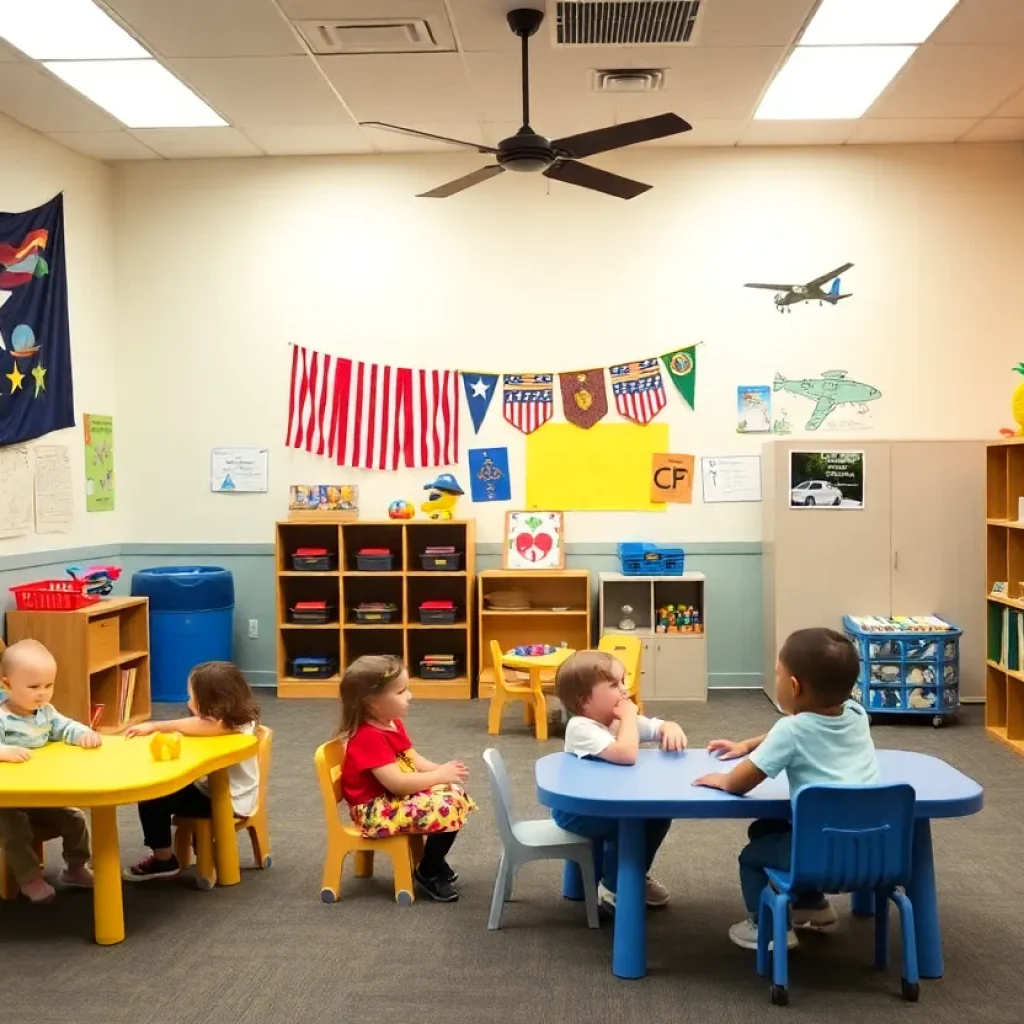 Children playing in a child care center with military-themed decorations.