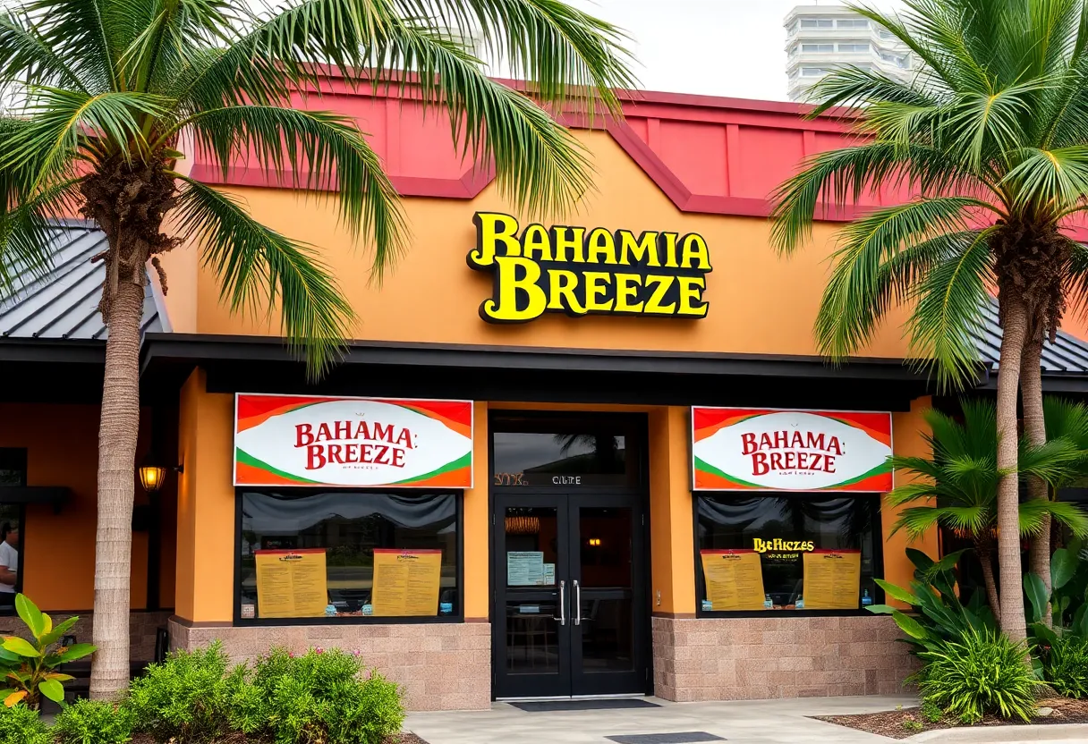 Exterior view of a closed Bahama Breeze restaurant in Troy, Michigan