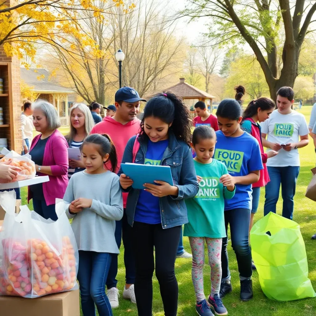 People participating in different volunteer activities in a community setting.