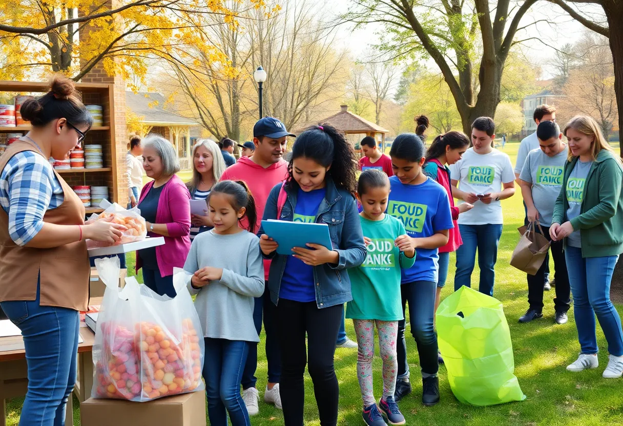 People participating in different volunteer activities in a community setting.