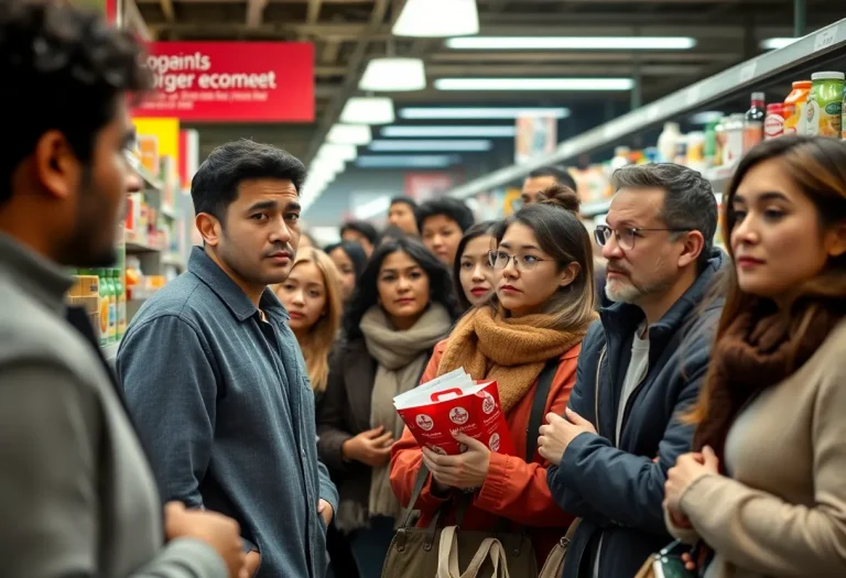 Consumers looking at prices in a supermarket amid economic concerns.