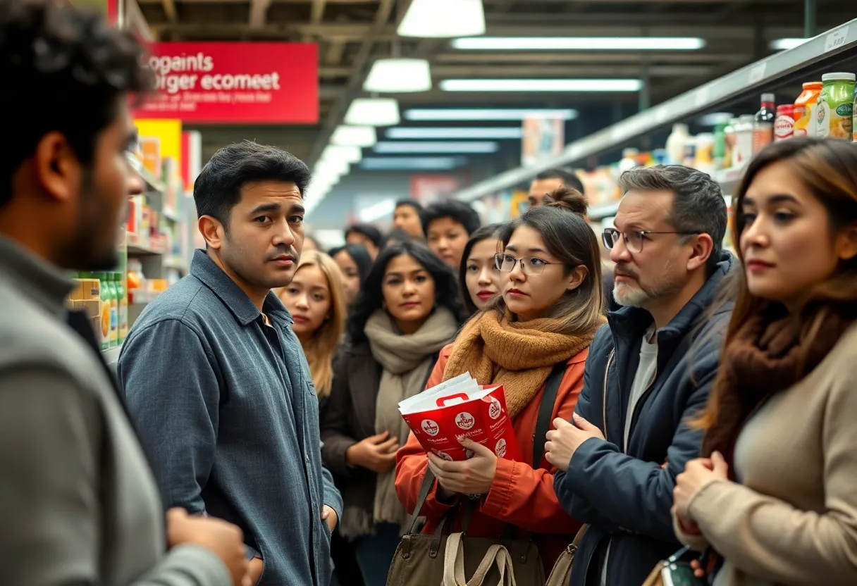 Consumers looking at prices in a supermarket amid economic concerns.
