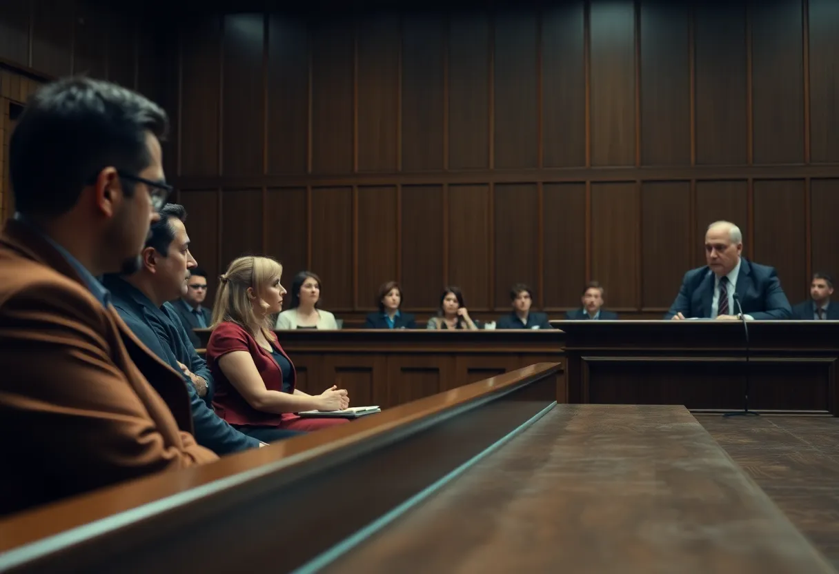 Courtroom during a serious murder trial with jurors present