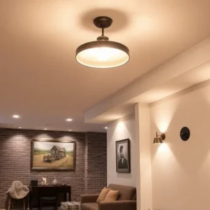Cozy basement illuminated with stylish lighting options