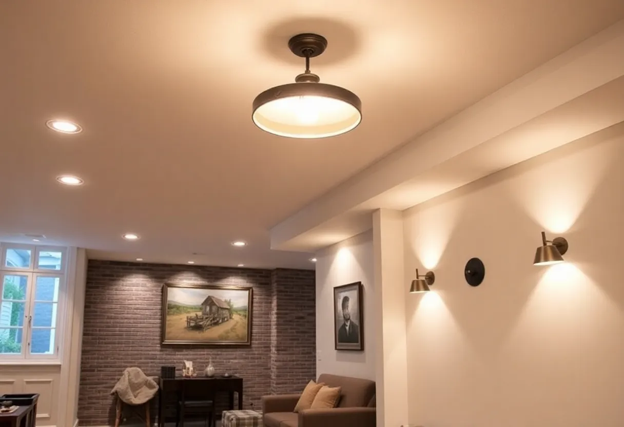 Cozy basement illuminated with stylish lighting options