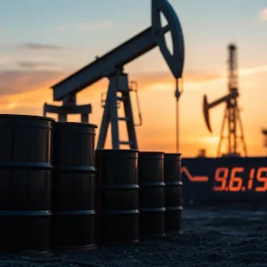 Visual representation of declining U.S. crude oil prices with oil barrels and a price chart.