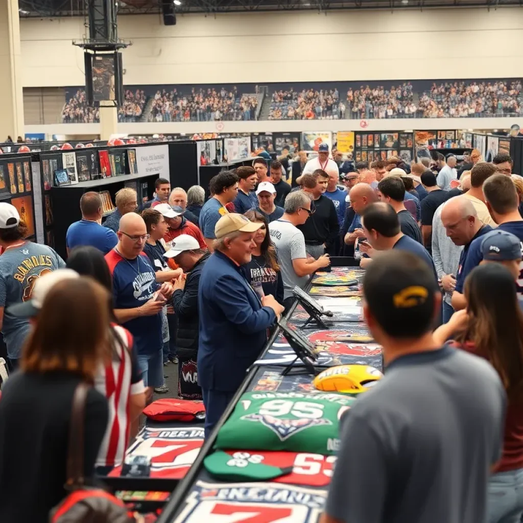 Sports fans at the Detroit Sports Spectacular interacting with athletes and viewing memorabilia.