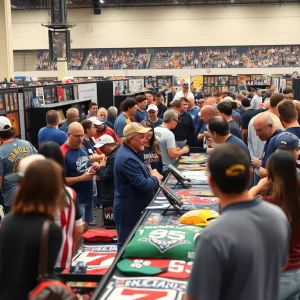 Sports fans at the Detroit Sports Spectacular interacting with athletes and viewing memorabilia.
