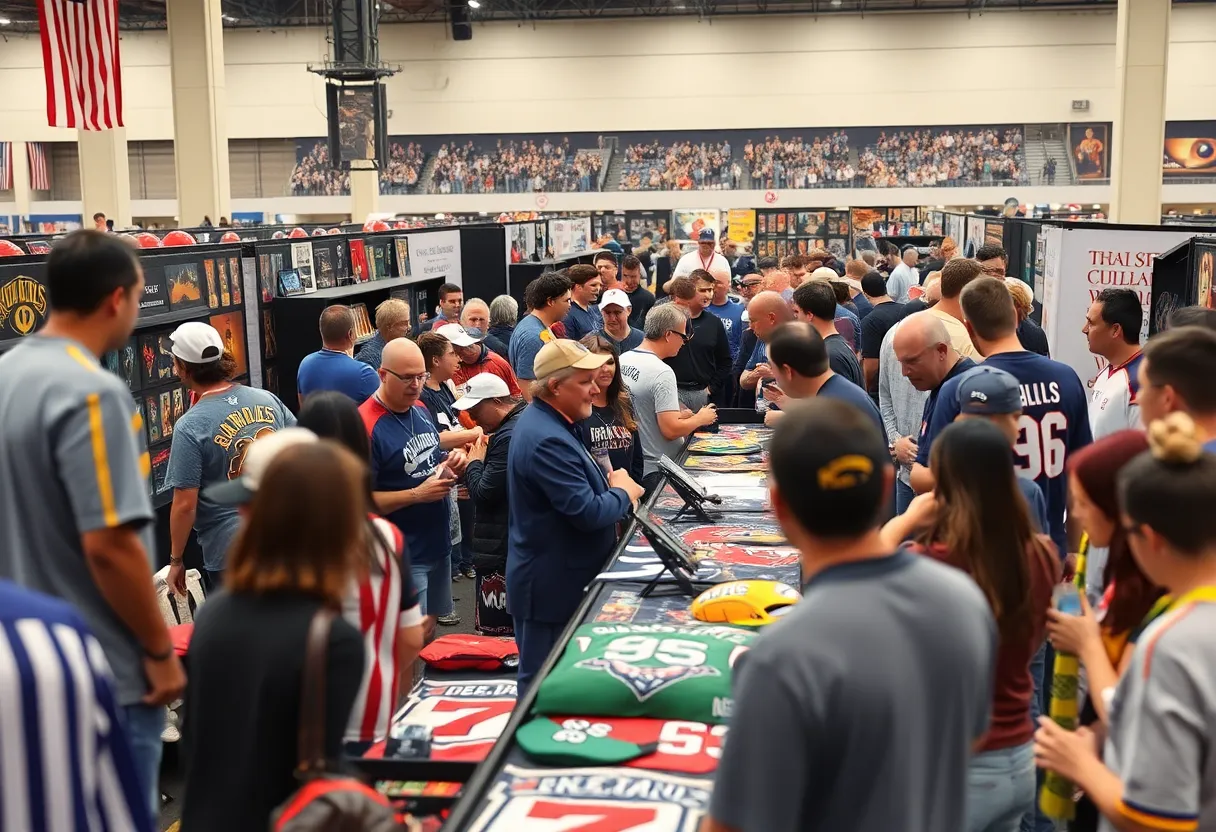 Sports fans at the Detroit Sports Spectacular interacting with athletes and viewing memorabilia.