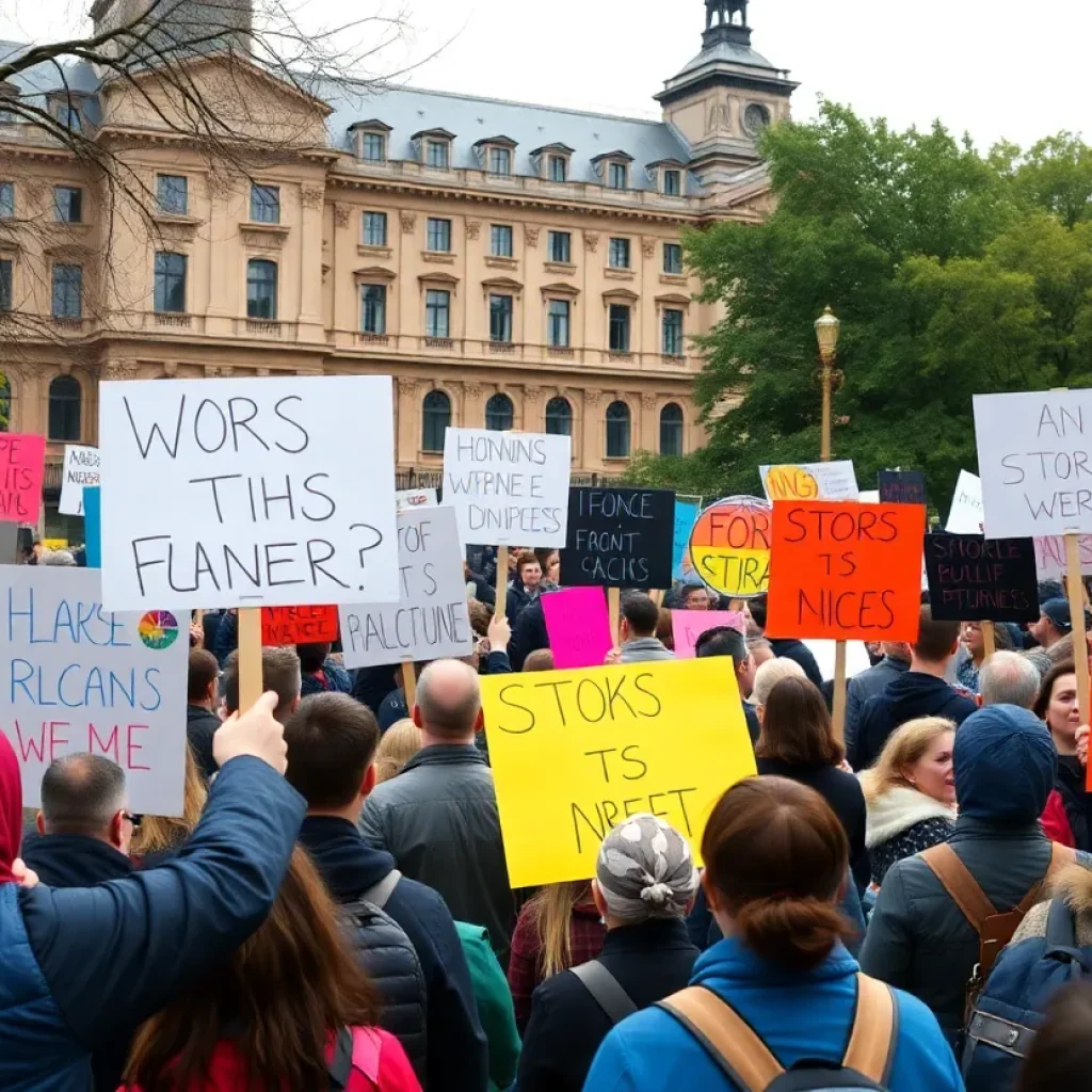 Crowd of demonstrators at International Workers' Day rally in Detroit