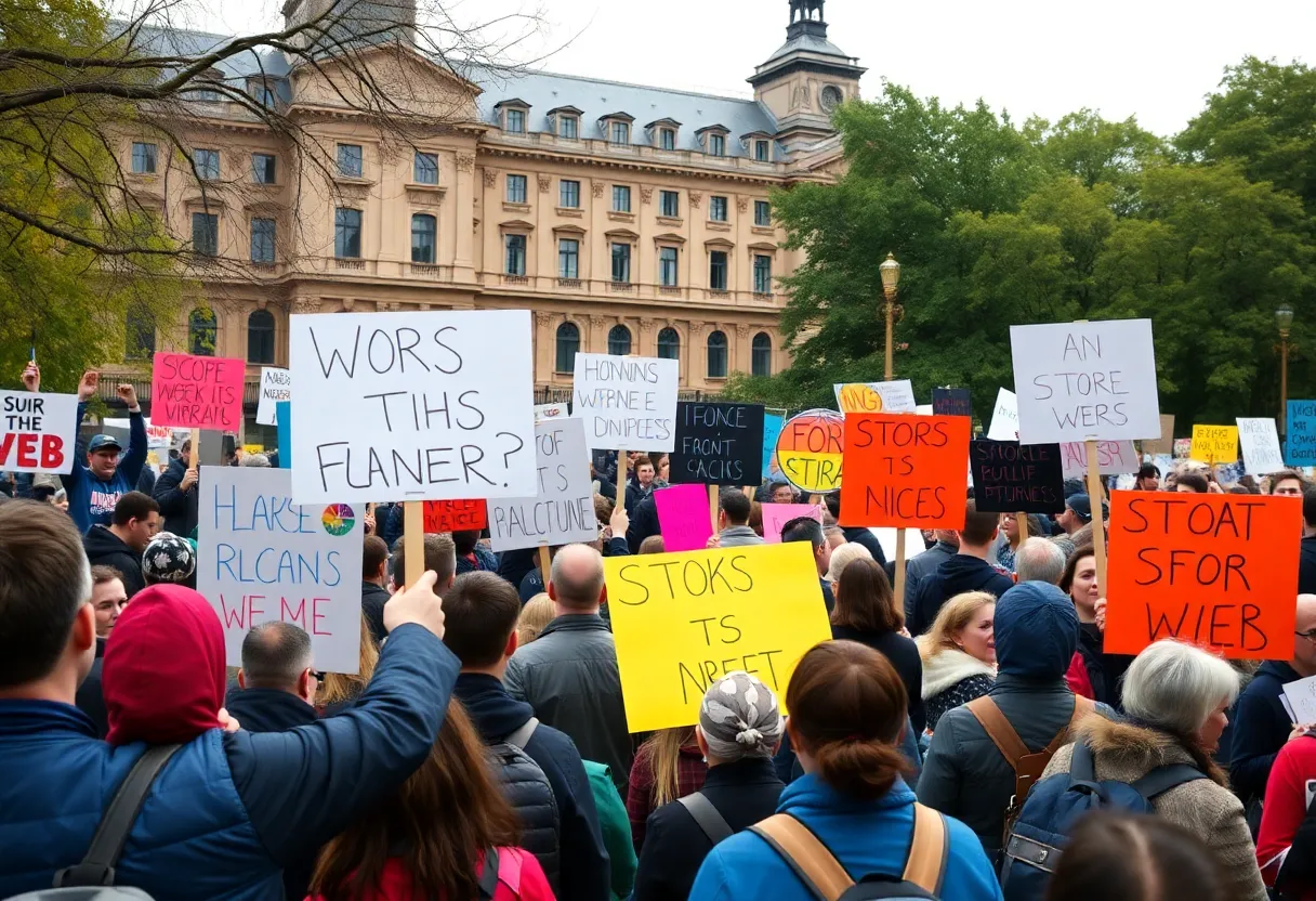Crowd of demonstrators at International Workers' Day rally in Detroit