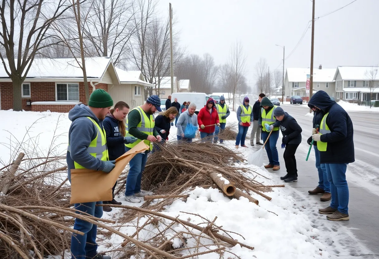 Community members participating in disaster relief efforts after a winter storm in northern Michigan.