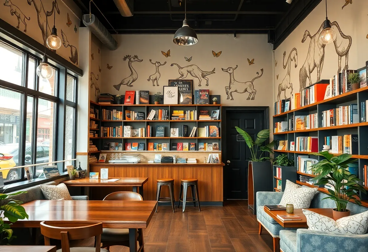 Interior of Expresso Books and Beans showcasing coffee bar and bookshelves