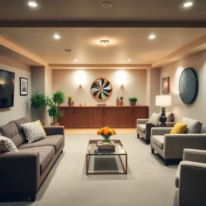 Cozy and modern finished basement interior