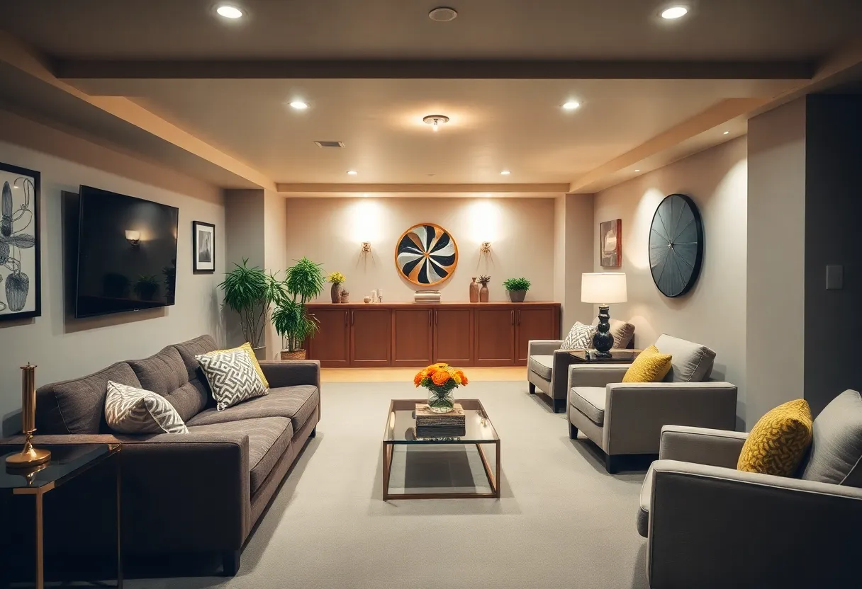 Cozy and modern finished basement interior