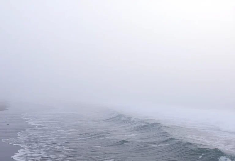 Thick fog rolling over the shoreline of Lake Michigan.